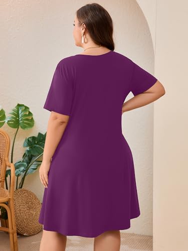 Image of AusLook Plus Size Midi Dress for Women Loose V Neck Short Sleeve Summer Casual A Line T Shirt Sundresses with Pockets 1X-5X