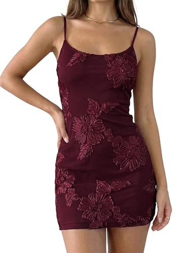Lingswallow Women's Floral Embroidered Mini Dress Spaghetti Strap Mesh Cocktail Dresses
