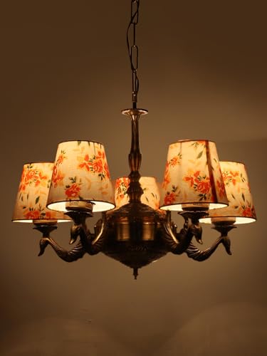 Image of Devansh 05-Light Printed Conical Multicolor Cotton Shade Chandelier - Antique Golden Finish | Adjustable Cord | Warm Glow Lamp - Ceiling Light for Living Room, Dining Area, BedroomDecor - D1