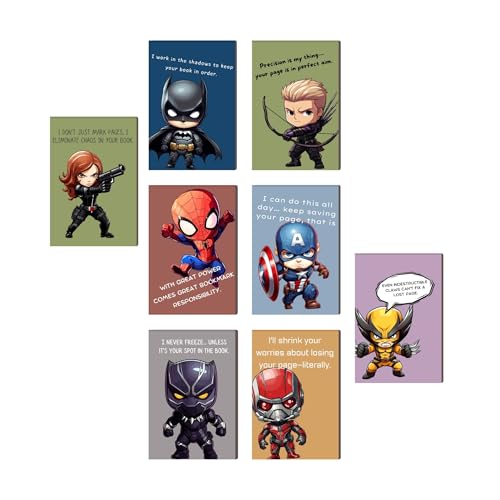 Image of Dia & Tia - 8 Elegant & Durable Superhero Themed Magnetic Bookmarks Set � Nature, Fantasy, Inspirational Quotes, and More | Perfect for Students, and Gift Ideas (Super Heroes, Large - 5x15 cm)
