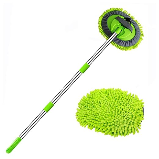 Willingheart 121 cm autowas borstel en dweil. Schoonmaakgereedschap met lang handvat. Kit voor het wassen en verzorgen van auto‘s, trucks, suv‘s, campers, trailers en boten. 2-in-1 chenille microfiber stoffer. Beschadigd de lak niet, krasvrij