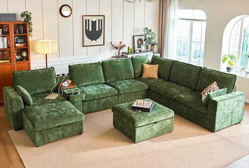 Image of 169.7'' Oversized Modular Sofa Set Cloud Couch with Versatile Console, Side Table with Charging Storage Cup Holder, Hardware Connected, U-Shaped 8-Seater Sectional Couch, Chenille, Green