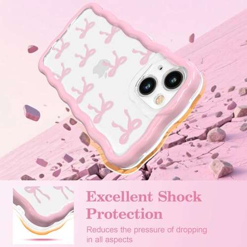 Coque iPhone 12 nœud rose en silicone transparent avec cadre ondulé antichoc