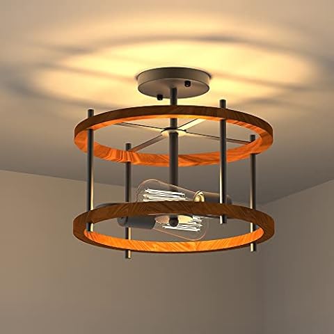 Industrial Semi Flush Ceiling Light Fixture, Matte Black Rustic Farmhouse Lights, E26 Base,Wood Shade Farmhouse Ceiling Light Fixture, for Hallway, Kitchen, Bathroom Cover