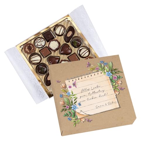 Herz & Heim® Pralinen in personalisierter Geschenkbox – 100g Pralinenschachtel mit Wunschtext & Blumen Motiv – Schokoladen Geschenk für Mama, Muttertag, Geburtstag, Dankeschön