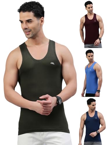 Image of LUX PARKER Men's Cotton Sleeveless Round Neck Regular Fit Vest | Baniyan for Men | Pack of 4