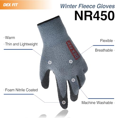 Image of DEX FIT Warm Fleece Work Gloves NR450, Comfort Spandex Stretch Fit, Power Grip, Thin & Lightweight, Durable Water-Based Nitrile Rubber Coating, Machine Washable, Grey X-Large 1 Pair
