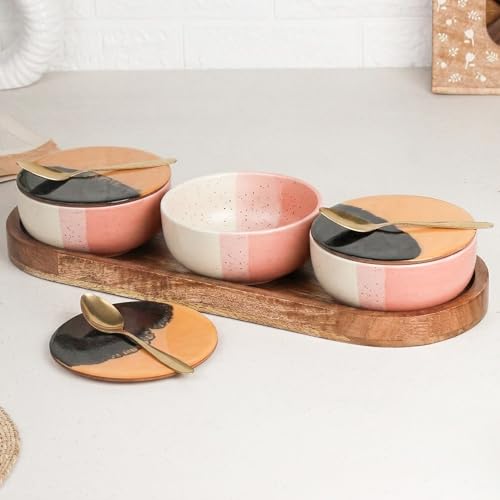 Image of The Earth Store TT Pink Matte Ceramic Bowl Serving Set - 3 Bowls (500ml Each) with Wooden Tray, 3 Spoons & 3 Multipurpose Lids /Coaster - for Snacks, Curries, Desserts & Fruits | Diwali Gift