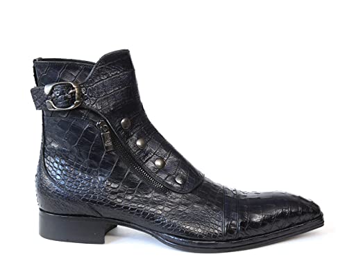 Jo Ghost 3206 Italian Navy Blue Crocodile Print Leather Ankle Boots with Zippers, Buttons & Buckle