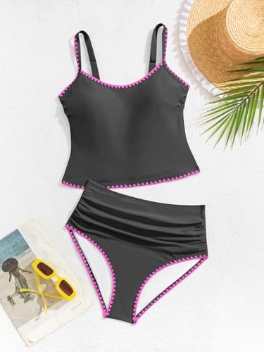 Image of Eomenie Tankini Swimsuit for Women Tummy Control Ruched Two Piece Bathing Suits High Waisted Shell Stitch Swimwear