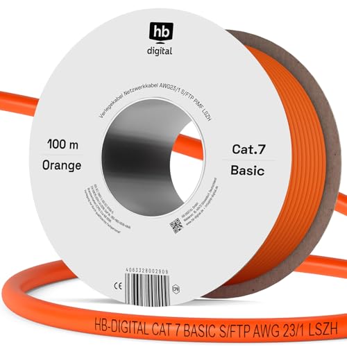 HB-DIGITAL CAT 7 Câble réseau 100m Câble LAN d’installation Ethernet AWG23 10 Gbit/s S/FTP LSZH sans halogène CPR Eca Simplex – Orange