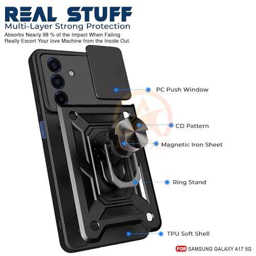 Image of Armor Bumper Back Cover Case for Samsung Galaxy A17 / F17 / M17 Rotating Camera Cover, Ring Holder & Kickstand | Heavy Duty & 360 Degree Protection Back Cover (Black)