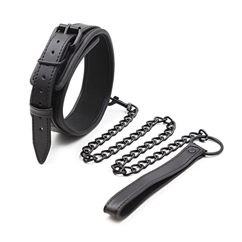 Image of Padded PU Leather Sex Collar and Leash Set, Women and Men's Bondage Collar for BDSM Restraints Toys (Black-1)