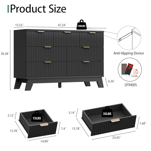 Image of Xixini Fluted Dresser for Bedroom with 7 Drawers, 48 inch Wide Chest of Drawers with Metal Handle, Modern Wood Dresser TV Stand, Wooden Closet Clothes Storage Organizer for Living Room, Hallway, Black