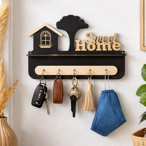 Image of CraftVatika Key Hangers for Wall with Shelf Key Holder, Wall Mounted Decoration Key Chain Stand Wood Keys Organizer 6 Stainless Steel Hook Decorative Items for Living Room Home Decor, Wall Decor