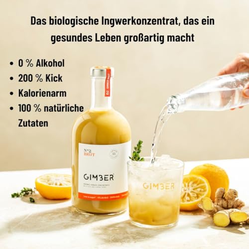 GIMBER N°2 500 ml Brut – Biologisches Ingwerkonzentrat | 50% weniger Zucker | Alkoholfrei & natürlich | Bio-Getränk aus Ingwer, Yuzu Frucht und Zitronenthymian Premium Bio-Essenz für Drinks, Cocktails