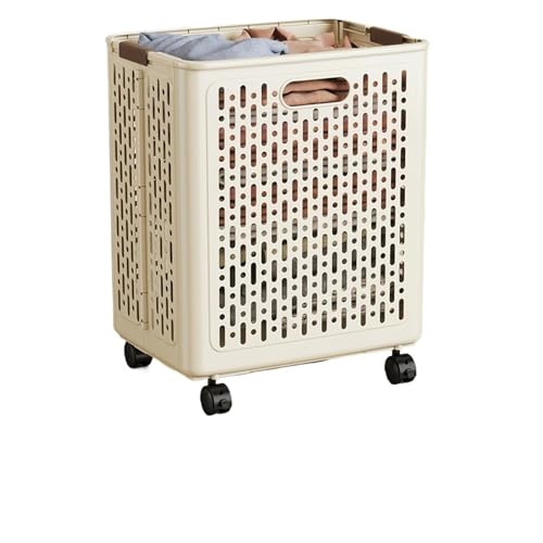 Panier à linge pliable design beige avec roulettes discrètes et robustes