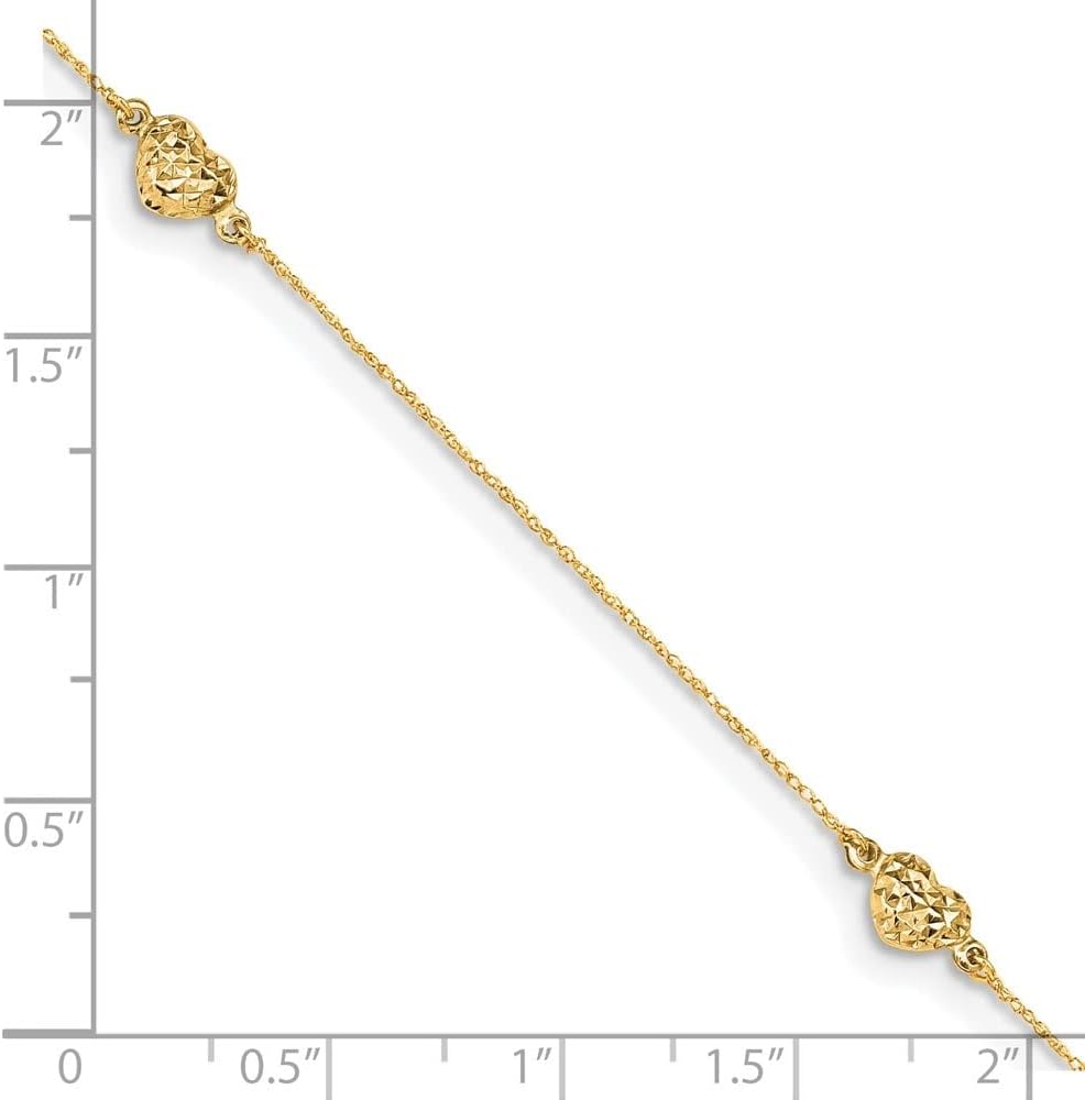 Diamond2Deal 14k Yellow Gold Puff Heart 10in with 1in extender Chain Anklet for Mom