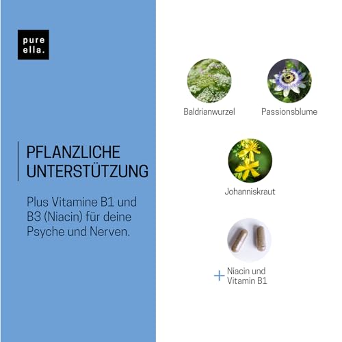 Pure Ella NERVENKRAFT – Hochdosiert, 180 Vegane Kapseln - Baldrian Passionsblume Johanniskraut Kapseln - Vitamin B1 und Niacin für Nerven & Psyche - Laborgeprüft in Deutschland