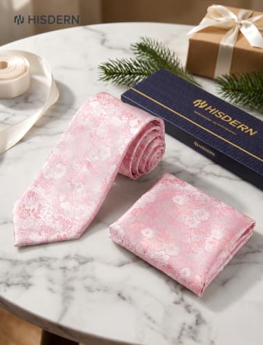Image of HISDERN Extra Long Ties for Men Classic Floral Tie and Pocket Square Elegant Silk Necktie Handkerchief Set Wedding Party