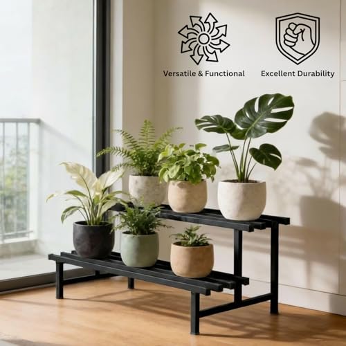 Image of Mighty Home 2-Tier Metal Plant Stand, Stylish & Sturdy Iron Rack for Home, Balcony & Garden, Space-Saving, Durable, Ideal for Indoor & Outdoor Decor, Black, Single Pack