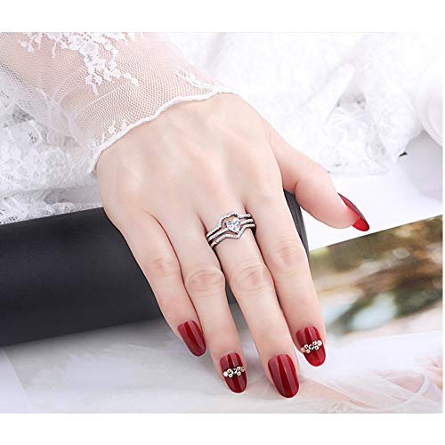 Uloveido 3pcs Set Womens Heart CZ Wedding Bands Engagement Ring Enhancer Adjustable Open Bridal Rings Platinum Plated3