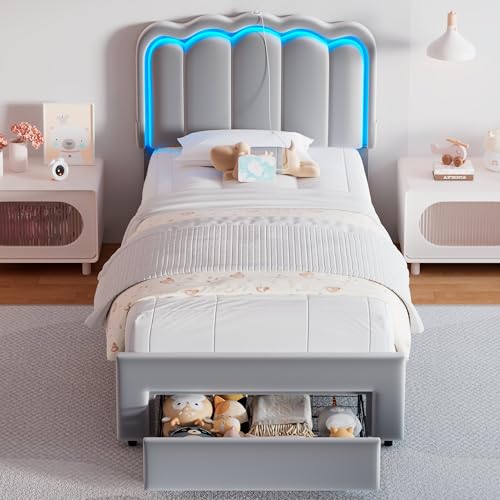Twin Upholstered LED Bed Frame with Storage Drawer and Adjustable Chic Double Wavy Headboard, Velvet Prince Platform Bed for Boys/Kids, Solid Wood Slats Support, No Box Spring Needed, Grey