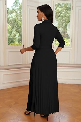 Image of Runwind Maxi Dresses for Women, 3 /4 Sleeve Botton Down Pleated Long Dress with Belt Casual Church Dress with Pockets