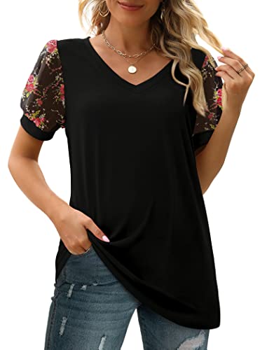 Image of Aokosor Womens Summer Tops V Neck T Shirts Swiss Dot Puff Sleeve Tops Loose Casual Tshirts