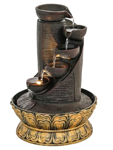 Image of CHRONIKLE Polyresin Black Designer Table Top Indoor 5 Artistic Steps Waterfall Fountain with Yellow LED Lights & Water Flow Controller Pump (Size: 41 x 25 x 25 CM | Weight: 1980 Gram | Color: Black)