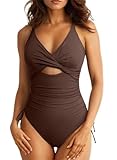Aleumdr Tummy Control One Piece Swimsuit for Women Sexy V Neck High Cut Bathing Suit Cutout Tie Side Monokini Brown Large