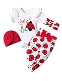 TyeSmo Baby Girl Clothes 3-6 Months Ladybug Printed White Ruffle Short-sleeve Top + Pants + Headband + Hat 3-6 Month Girl Clothes