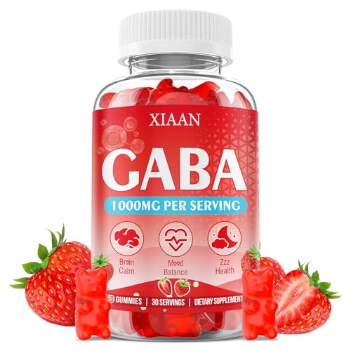 XIAAN GABA Gummies 1000mg for Kids & Adults, Chewable GABA Supplements with L Theanine 5-HTP Ashwagandha Vitamins B6,B12,D3 for Calm & Zzz, Sugar-Free/Vegan, Strawberry Flavor 60 Count