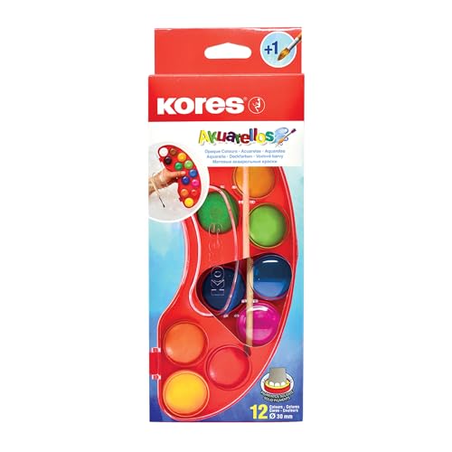 Kores - Watercolour Paint Set - Akuarellos Mixing Palette and Paint Brush - Washable and Non-Toxic, School and Art Supplies - Watercolour Paints - Set of 12 Colours, Pack of 1