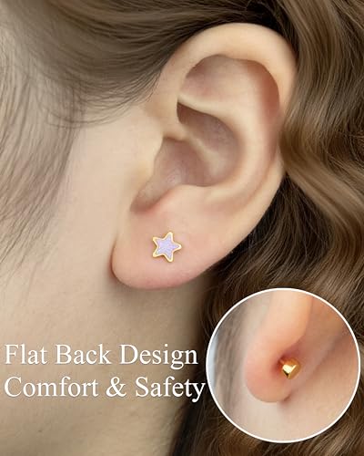 Screw Back Earrings for GirIs Women 12Pack, Hypoallergenic 14K Gold-plated Star Heart Surgical Steel Stud Earrings Flat Back Earrings Hypoallergenic for Sensitive Ears Screw on Back Earring Jewelry Gift
