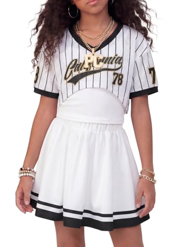 Image of PureChapter Tween Girls 2 Piece Outfits Short Sleeve Tops and Pleated Skirt Set, Cute Pleated Skirt for Girls Size 7-14
