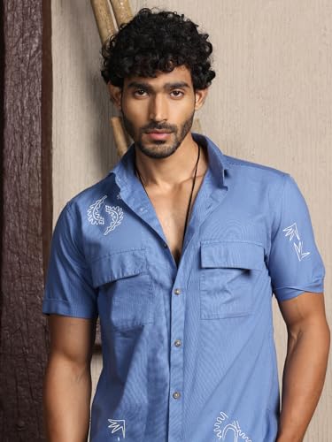 Image of Thomas Scott Men's | Embroidered Printed | Half Sleeve | Regular Fit | 100% Cotton | Double Pocket | Spread Collar | Casual Shirt