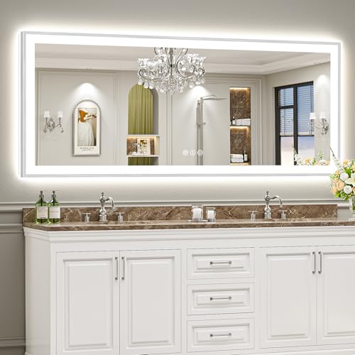 Image of 84x32 Brushed Nickel LED Bathroom Mirror with Lights, Backlit & Front-Lit, Anti-Fog, Framed Lighted Vanity Mirrors for Bathroom Wall, Dimmable, 3 Colors, Memory, Shatter-Proof, Tempered Glass