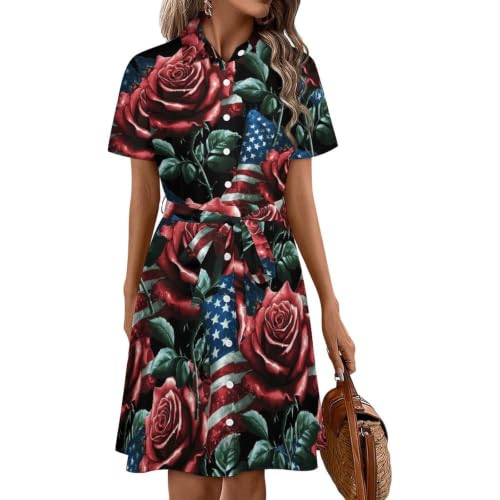 Robe chemise femme drapeau américain manches courtes vêtement été imprimé chic boutonne