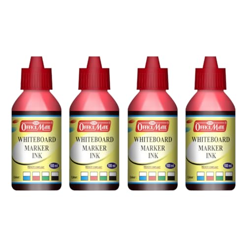 Image of Soni Officemate Whiteboard Marker Ink - 100ml | Pack of 4 (Red) |Bright, Smooth & Long-Lasting Ink | Easy Wipe, Eco-Friendly