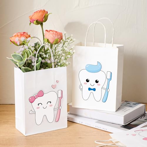 Image of 30 Pcs Dental Goodie Bags with Handles, Paper Tooth Patient Gifts Bags, Tooth Themed Office Giveaway Supplies for Dental Clinics, Hygienist, Assistant, Dentist
