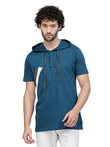 Image of Kalt Men Half Sleeves Cotton Blend Colour Block Hoodie T-Shirt