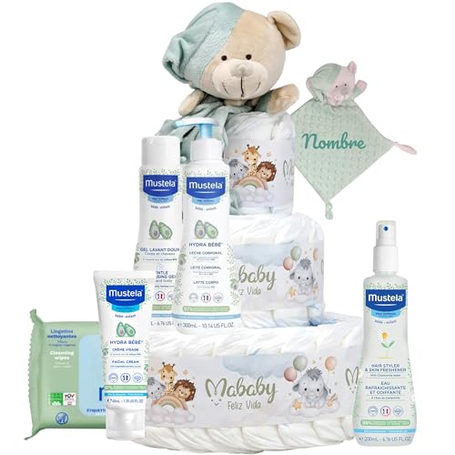 Mababyshop Tarta de Pañales Mis Primeros Cuidados con Doudou Osito Personalizado con Nombre Bordado, 42 Pañales Pingo Talla 2, Set de Aseo Bebé, Regalo Recién Nacido(Verde)