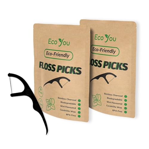EcoYou Palillos de hilo dental biodegradables, 100 unidades (paquete de 2), palitos de hilo dental dental, hilo de bambú, palillos de hilo dental