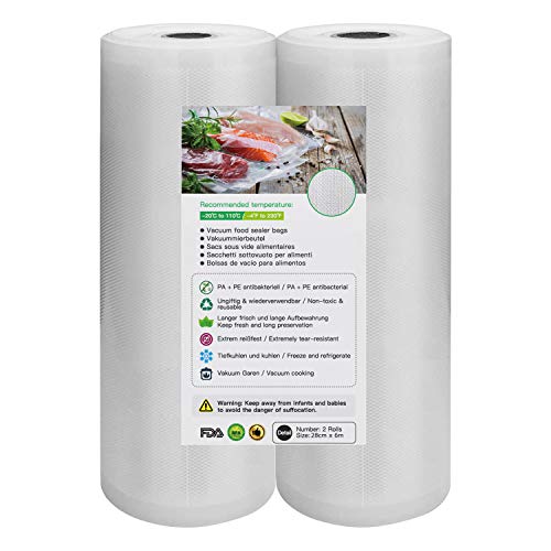 Rollos al Vacio para Envasadora al Vac?¡ìao, 2 Rollos 28 x 600cm Bolsas de Vac?¡ìao de Alimentos, BPA Free, Bolsas de Vacio Gofradas para Conservaci?¡ì?n de Alimentos y Sous Vide Cocina & Boilable