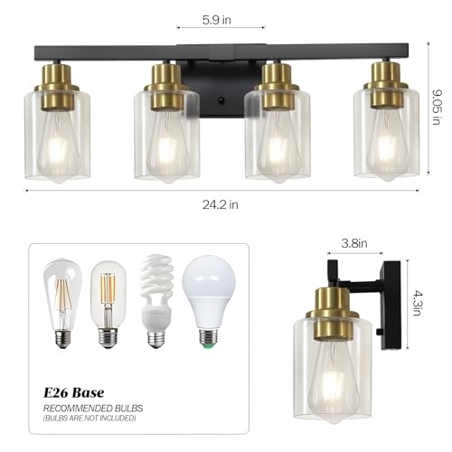 Image of Bathroom Vanity Light, 4-Light Black and Gold Bathroom Light Fixtures with Clear Glass Shade, Bathroom Lighting Fixtures Over Mirror,Bath Black Wall Lights for Mirror Bedroom,Living Room