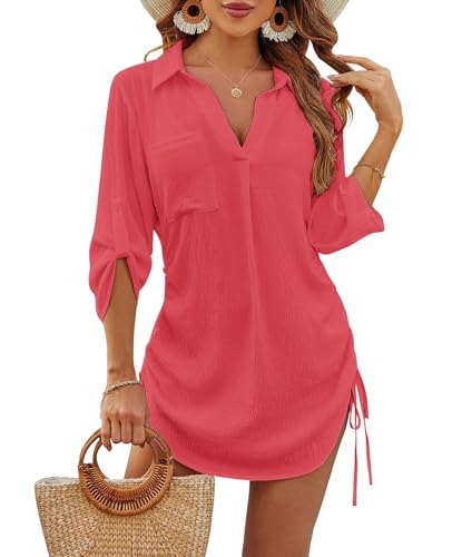 NLAND Vestido de Playa para Mujer Camisolas de Playa Cuello en V Camisa Suelto de Bikini Cover Up Color Sólido Casual Blusa con Botón Ropa de Baño Playeros(Rosa,Talla única)