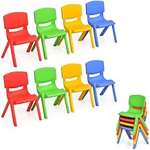 KOTEK Plastic Table and 4 Chair Set, Green Table & Assorted Color Chairs, Play and Learn Furniture, Activity Table w/Stackable Chairs 8 Chairs