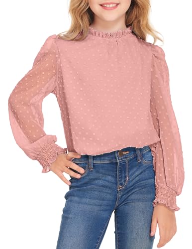 Image of Arshiner Girls Long Sleeve Shirts Chiffon Blouses Swiss Dot Frill Neck Top