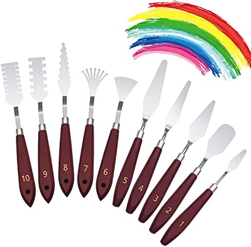 10pcs Palette Knife Set, Versatile Stainless Steel Spatula Palette Knife Professional Palette Knife Set with Acrylic Wooden Handle Painting Pallet Knife Set Art Tools for Oil Paint Canvas and More